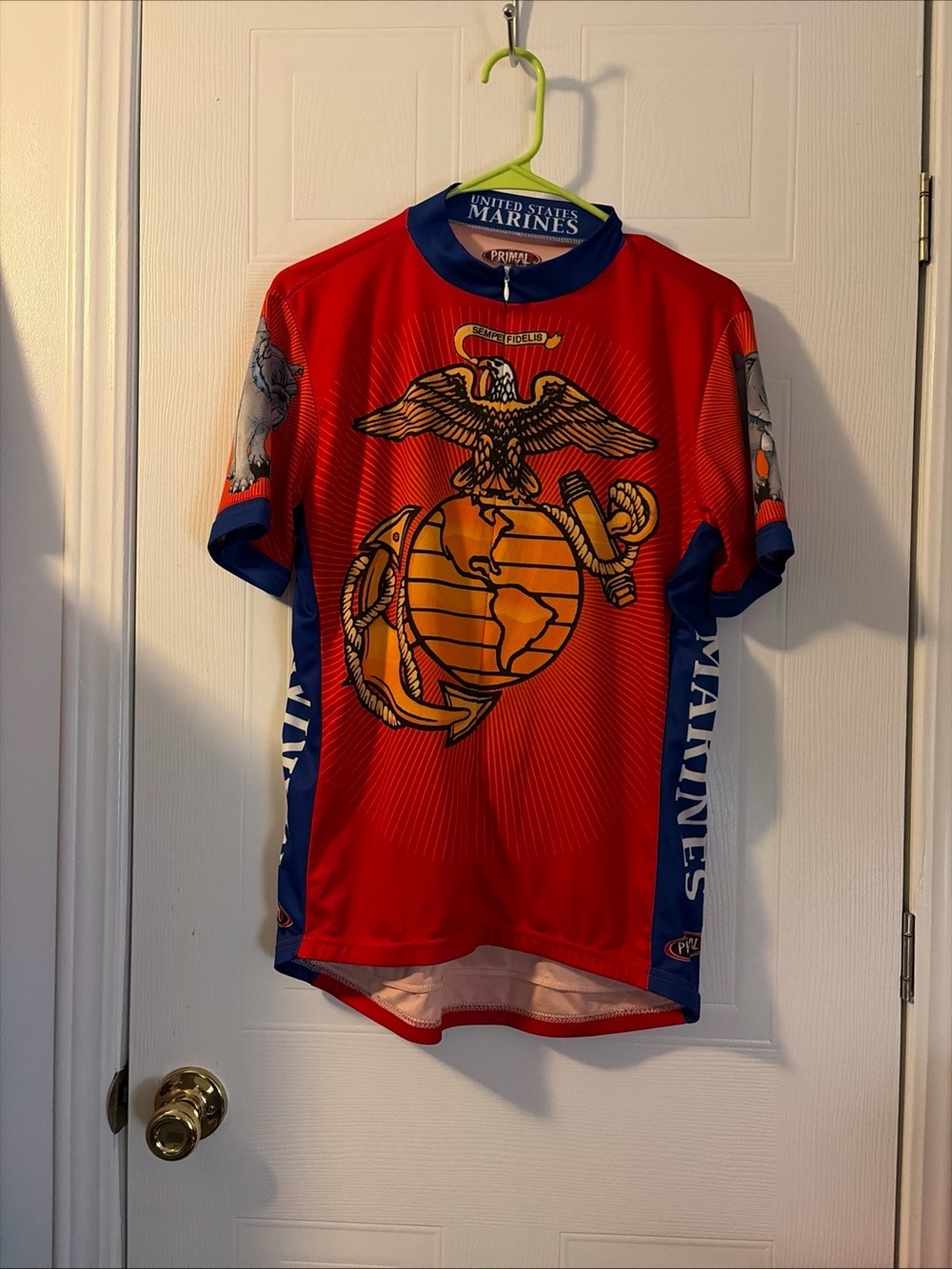 Primal Wear L Mens USMC Bike Shirt Logo Pockets Red/Blue